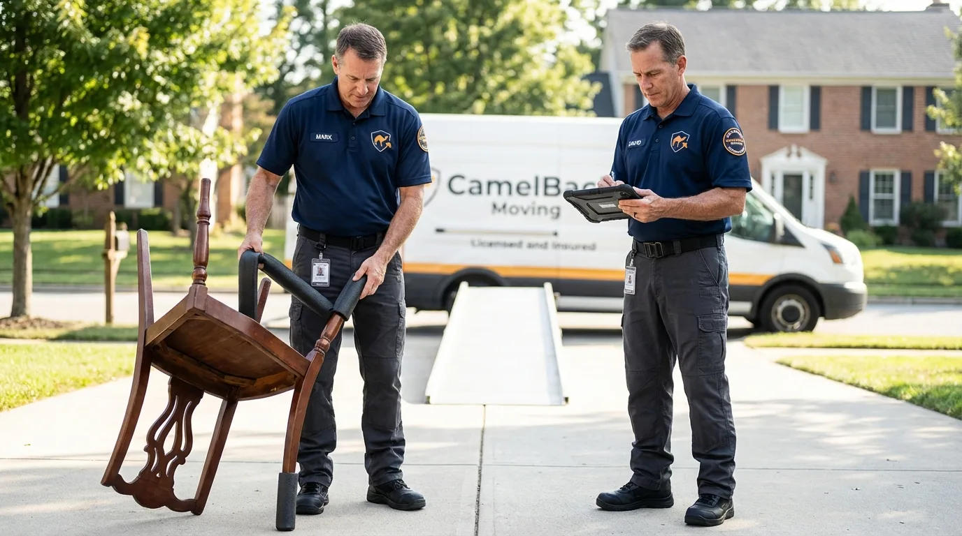 Movers inspecting furniture for damage prevention before loading in Maury, NC